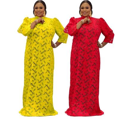 China African Dress 2022 New Fashion Lace Dresses For Women Dashiki Lace Up Casual Party Maxi Dress Bazin Riche Africa Solid Color Boubou for sale