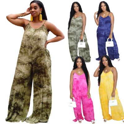 China New QUICK DRY border plus size women's loose tie dye printed overalls with suspenders for sale