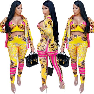 China Polyester Spandex Viable Material Printed Vest Pants Women Suits Set Autumn Winter Three Piece Clothes Set Women for sale