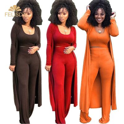 China Anti-Wrinkle Autumn Winter Ribbed Cardigan 2022 3 Piece Knitted Wide Leg Pants Women Clothing Set Three Piece Set Top Waist Crop Top for sale