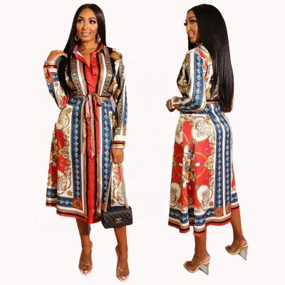 China Polyester Yinien Outwear Loose Africa Clothing Long Sleeve Buttons Open Front African Khanga Dress Belted Long Blouse Shirts for sale