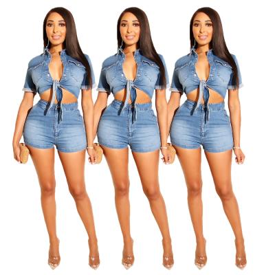 China 2022 YINIEN newcomers denim sleeve shorts street culture wear top women viable short jeans two-piece set for sale