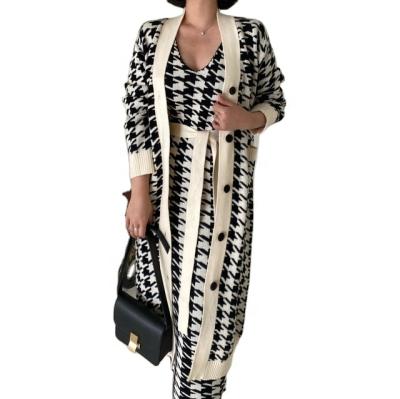 China / Vintage Style V-Neckline Long Knitted Houndstooth Vest Dress Female Two-Piece Cardigan Coat for sale