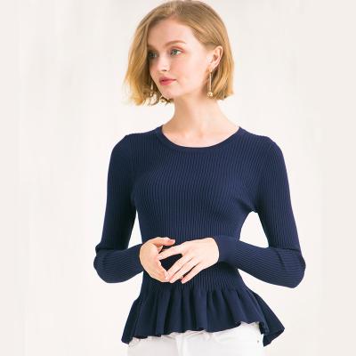 China Autumn new women spring and edge solid color crew neck pullover breathable thin ruffled long-sleeved sweater for sale