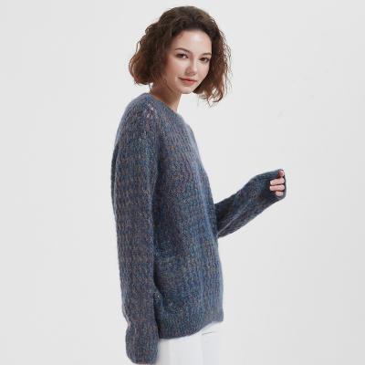 China Striped Sweater Women Winter Mohair Pullover O-Neck Sweater Hollow Out Design Sheath Long Colorful Yarn Wool Knitted Jumper Loose Style for sale