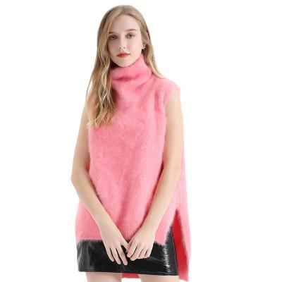 China Plush Texture Autumn Winter Women Angora Sleeveless Tortoise Neck Pullovers Sweater Color Pure Wool Knitted Split Pullover for sale