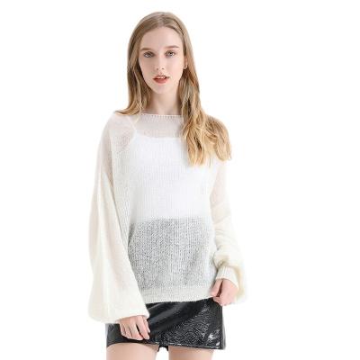 China Spring Autumn Women Mohair Lantern Sleeves Breathable Slash Neck Solid Color Sweater Sheer Loose Wool Knitted Jumper Pullovers for sale