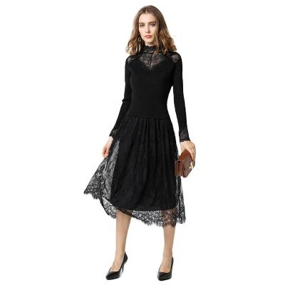 China Sustainable Spring and Autumn Stretch Viscose Knit Midi Dress with Round Lace Neck and Lace Skirt for sale