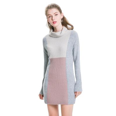 China Autumn and winter new women's viable color contrast high-neck striped sweater knitted long-sleeved dress for sale