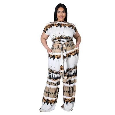 China QUICK DRY Printed Pattern Casual Women Plus Size 2PCS Dressing Set Bandage Top Short And Wide Leg Pants Teams for sale