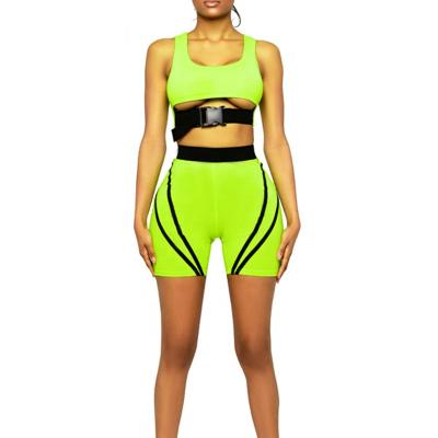 China Viable Hot Neon Green Loop Sleeveless Top And Shorts Sport Gym Women Running Two Piece Set for sale