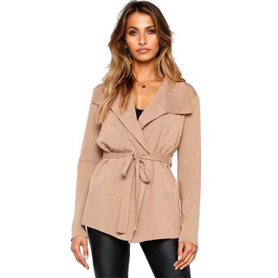 China Anti-wrinkle Women Autumn Plain Long Sleeve Knitted Cardigan Coat With Belt for sale