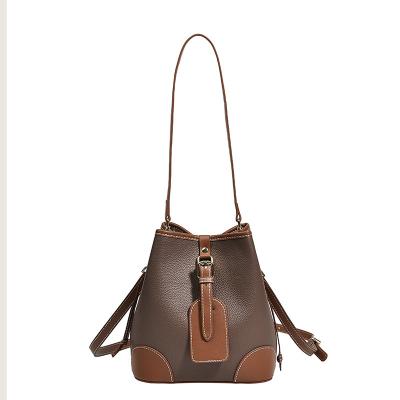 China Portable Fashion Classic Women Trend Genuine Leather Women Shoulder Handbag Purse Custom Bucket Bag for sale