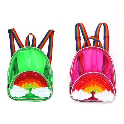 China Hot Selling Waterproof Cartoon Silicone Busty Person Toy Push-Noise-IT Rainbow Clouds Schoolbag Popular Transparent Clear Kids Backpack for sale