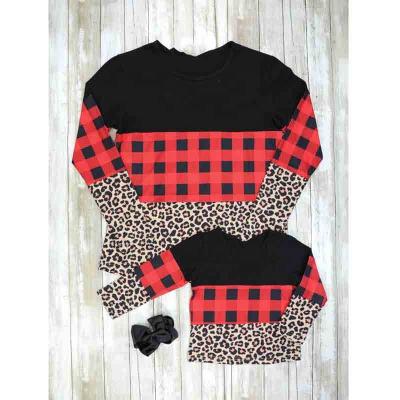 China Breathable Personalized Top Mommy And Me Cheetah Color Block Long Sleeve Buffalo Plaid Leopard Color Block Shirt for sale