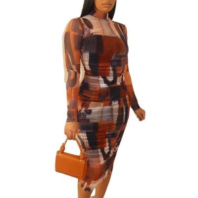 China Viable Women Fall Slim Fit Dress Winter Club Graffiti Print Ruched Sleeve Bodycon Midi Dress Long for sale