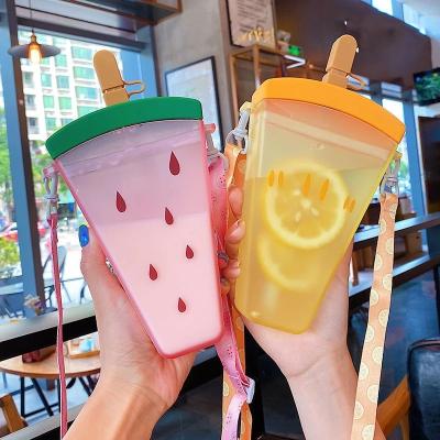 China Cute Sustainable Fruit Water Bottles Watermelon Ice Cream Plastic Water Bottle With Straw Portable Popsicle Cup For Girls Drinkwater for sale