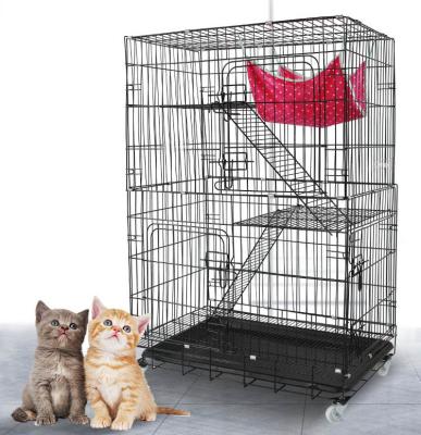 China Large Breathable Folding Cat Villa Stainless Steel Folding Pet Cat Cage House of 3 Layer Carriers with 2 Front Doors Free Hammock for sale