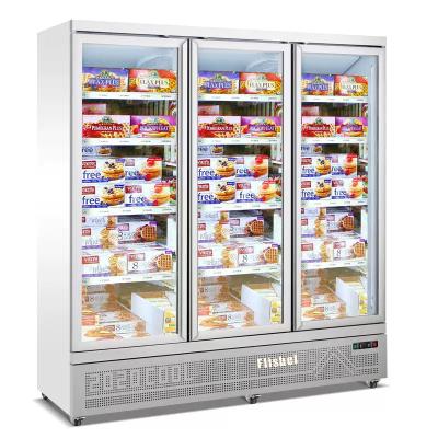 China Commercial Single-temperature Flishel -22C Fan Cooling 3 Door GLASS UPRIGHT DISPLAY FREEZER for sale