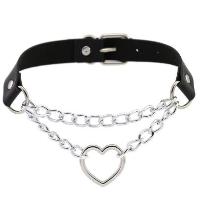 China Street Nightclub Choker Leather Jewelry Chain Necklace Women PU Heart Shape Gothic Punk Leather Choker Chain Necklace for sale