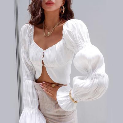 China Wholesale loose 2021 anti-pilling fashion pleated women's straight crop tops long lantern sleeves irregular belly button crop for sale