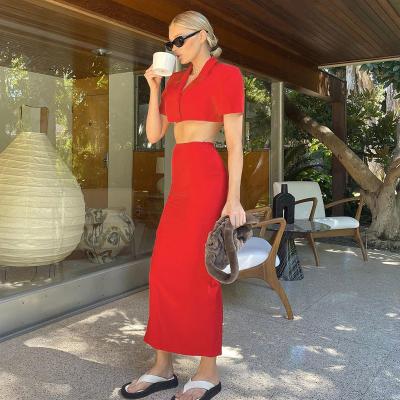 China 2021 new arrival button turn-down collar anti-pilling crop tops two-piece set bodycon skirt slim clothes women skirt two-piece sets for sale