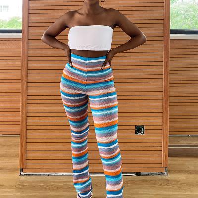 China 2021 Autumn QUICK DRY High Waist Stacked Striped Knitted Sweatpants Sweatpants Women Joggers Pants Printed Women Sweatpants for sale