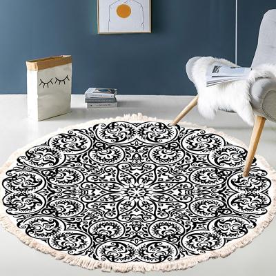 China Bedroom living room bedside carpet rug non-slip border commercial canvas retro tassel printing round rug for sale