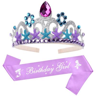 China Happy Plastic Purple Girl Mermaid Birthday Party Decor Gem Crown Shoulder Strap Mermaid Birthday Party Hair Band Tag Sash for sale