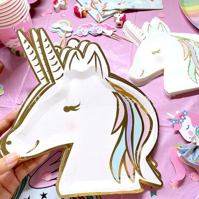 China Unicorn Disposable Tableware Paper Unicorn Party Supplies Happy Unicorn Horse Girl Birthday Party Decor Paper Plates Napkins Rainbow for sale