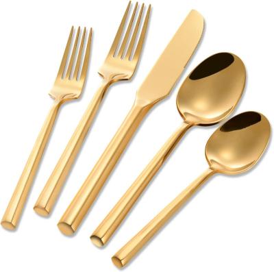 China Viable Gold Silverware Set Hexagon Handle Cutlery Set Mirror Forged Stainless Steel Elegant Flatware Wedding Hotel Restaurant for sale