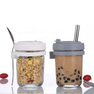 China 300ML Wide Mouth Food Mason Jar Portable Overnight Oats Glass Jars With Lids And Spoons Set 10 Ounce Mason Jar With Straw for sale