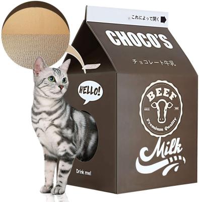 China Sustainable Custom Logo Cat Condo Cardboard Milk House Corrugated Paper Cat Cardboard House With Scratcher for sale