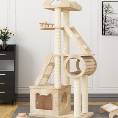 China Sustainable Wholesale Luxury Cat Tree Tower Cat Climbing Frame Modern Wood Furniture Cat Scratcher Post for sale