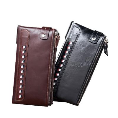 China Long Style Double Zipper Double Zipper Fashion Real Leather Bag Men's Money Phone Card Clutch Purse Wallets for sale