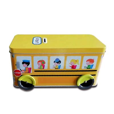 China Recycled Materials Custom Printed Bus Form Piggy Bank Money Tin Box For Gift Each Tin Box in a poly bag, suitable quantity in an exporter carton. for sale