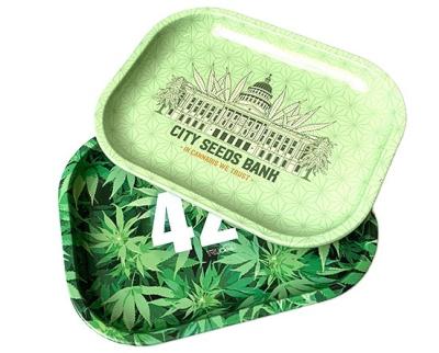 China Recycled Materials Custom Design Food Rectangle Shape Metal Serving Tray Tinplate Rolling Tray Safe Tobacco Rolling Tray for sale