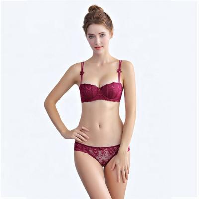 China Thin Breathable Half Cup Lingerie Set Women Lace Up Bra And Panty Sets With Sexy Four Flower Lift Up Bra Set Adjustable Straps Four Color for sale