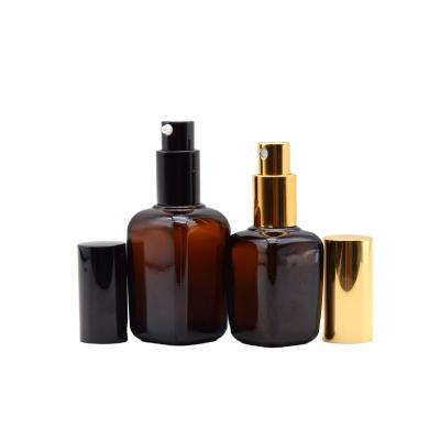 China Non Spill 1/2 oz 1 fl oz 2 oz 4 oz 15ml 30ml 60ml 120ml square spray amber glass bottle with metal pump for sale