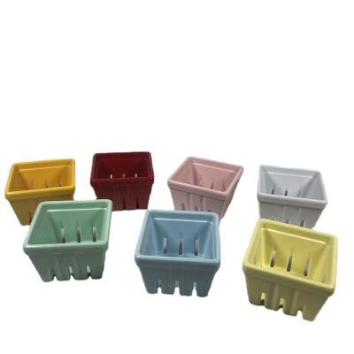 China Nordic Style Ceramic Viable Mini Drain Hollow Berry Basket Square Fruit Leakable Basket for sale