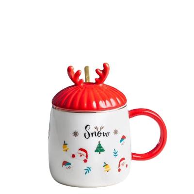 China Sustainable Creative Christmas Cartoon Ceramic Mug With Lid And Spoon for sale