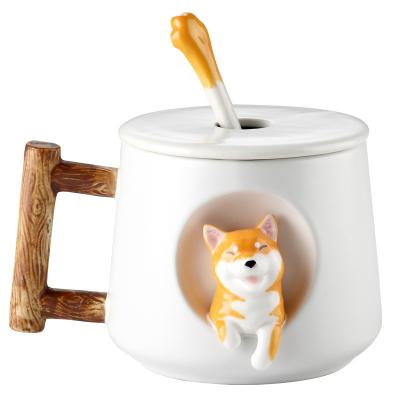 China Sustainable Creative Ceramic Cute Chai Dog Mug With Lid Spoon Couple Coffee Mug for sale