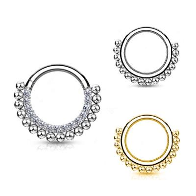 China FASHIONABLE Titanium Ring Septum Clicker Nose Ring Segment Piercing ASTM F136 G23 CZ Blaze Set With Beads Hinged for sale