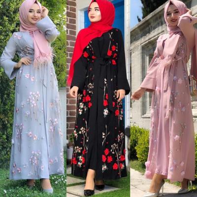 China Dubai Muslim Flower Embroidery Polyester Flower Open Abaya Wedding Bridal Pink Long Islamic Clothing for sale