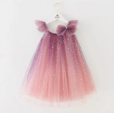 China Casual Hot Sale Tulle Dress Ruffle Sleeve Aluminum Print Bow Gradient Color Around Collar Girl Dresses for sale