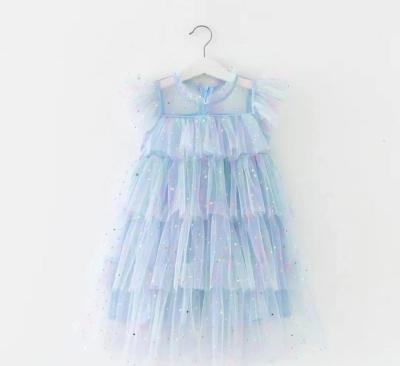 China 2023 New Style Breathable Tulle Dress Short Sleeveless Sequin Layers Invisible Zipper Round Collar for sale