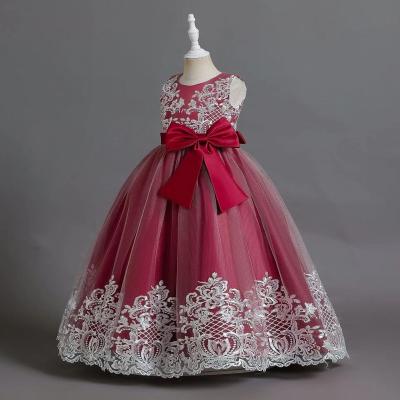 China Breathable Hot Sale Bow Lace Embroidery Ball Gown O-Neck Sleeveless Girl Dresses For 4-13 Years for sale