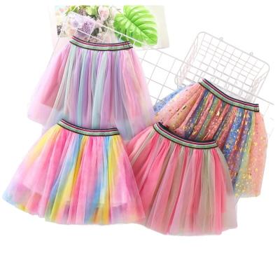 China 2023 wholesale summer colorful sequined girls rainbow pleated tutu breathable skirt for sale