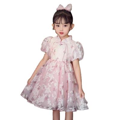 China Breathable 2023 New Style Summer Lantern Sleeve Tangerine Collar Printed Invisible Zipper Girl Dresses for sale