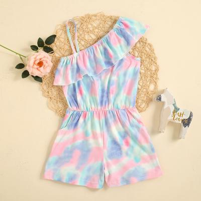 China Breathable In-stock Girls Fashion Shoulder Sling Tie Dye Short Slant Short Ruffle Casual Girls Overalls for sale